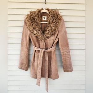 Vintage Seventy Seven Leather Coat with Faux Fur Shaggy Collar